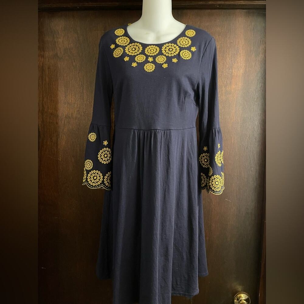 BODEN Brand Emilia Style Navy & Yellow Embroidery Dress Size 6R Bell Sleeves - Picture 2 of 6